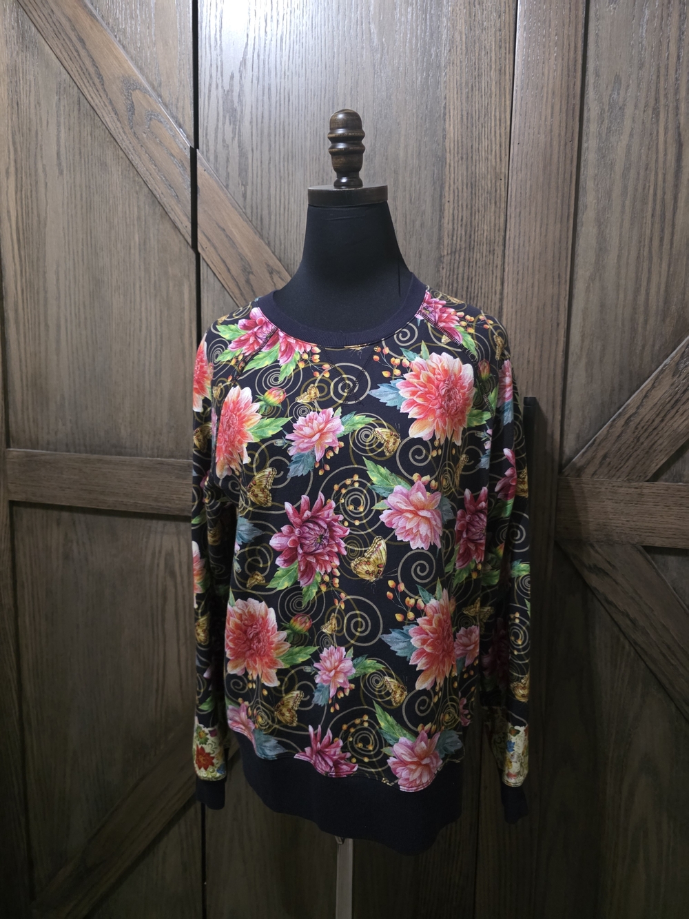 Johnny Was Black Floral Crewneck Sweatshirt with Pink & Green Blooms